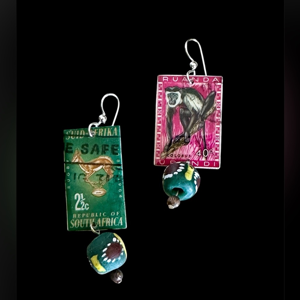 Vintage Rwanda South Africa stamps postage custom earrings sterling wire bead